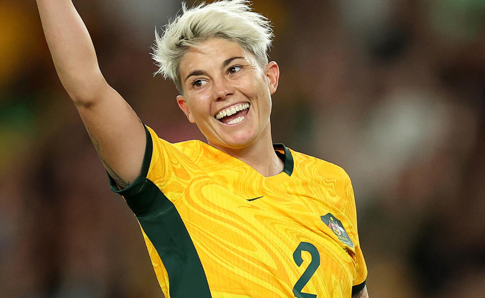 Michelle Heyman, pictured here after scoring her second goal against Uzbekistan.