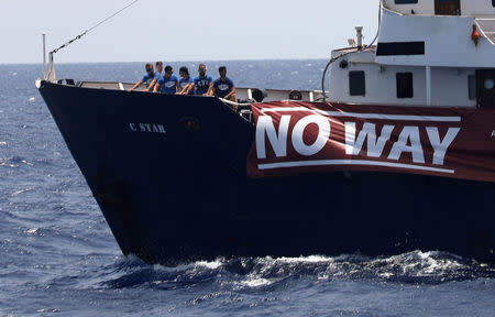 The C Star vessel run by a group of anti-immigration activists is seen north of the Libyan coast in the Western Mediterranean Sea August 15, 2017. REUTERS/Yannis Behrakis TPX IMAGES OF THE DAY