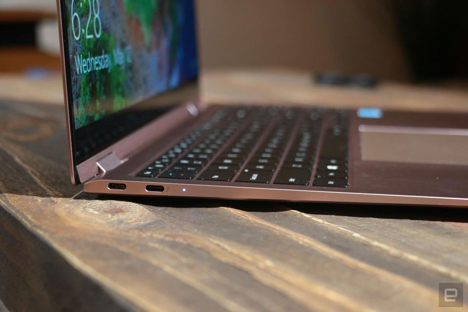 <p>Samsung Galaxy Book Pro 360 review pictures. Close up of the left edge of the Book Pro 360 featuring two USB-C ports and an indicator light.</p> 