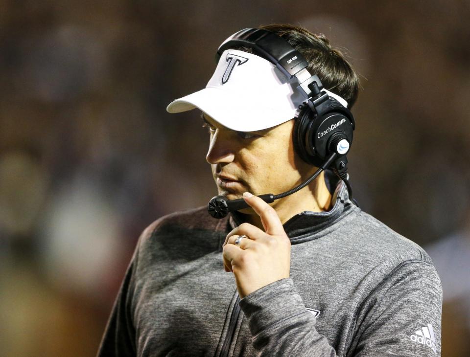 Troy coach Neal Brown's team had a chance to clinch the Sun Belt, but lost to Georgia Southern. (AP Photo/Butch Dill)