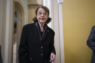 FILE - Sen. Dianne Feinstein, D-Calif., arrives for the Senate Democratic Caucus leadership election at the Capitol in Washington, on Dec. 8, 2022. Democratic Rep. Adam Schiff, who rose to national prominence as the lead prosecutor in President Donald Trump's first impeachment trial, announced Thursday, Jan. 26, 2023, that he is seeking the U.S. Senate seat currently held by Sen. Dianne Feinstein. (AP Photo/J. Scott Applewhite, File)