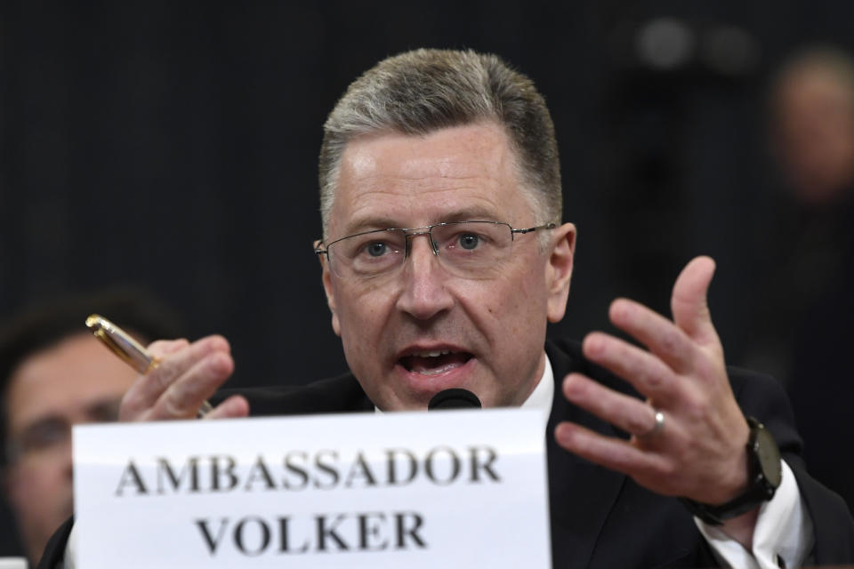 FILE - In this Nov. 19, 2019, file photo, Ambassador Kurt Volker, former special envoy to Ukraine, testifies before the House Intelligence Committee on Capitol Hill in Washington. The “three amigos” used to mean just one thing in Washington -- the trio of globe-trotting senators led by John McCain who brought American idealism to the trouble spots of the world. Now, it refers to another trio, the Trump envoys pushing Ukraine to pursue investigations of Democrats and Joe Biden.(AP Photo/Susan Walsh, File)