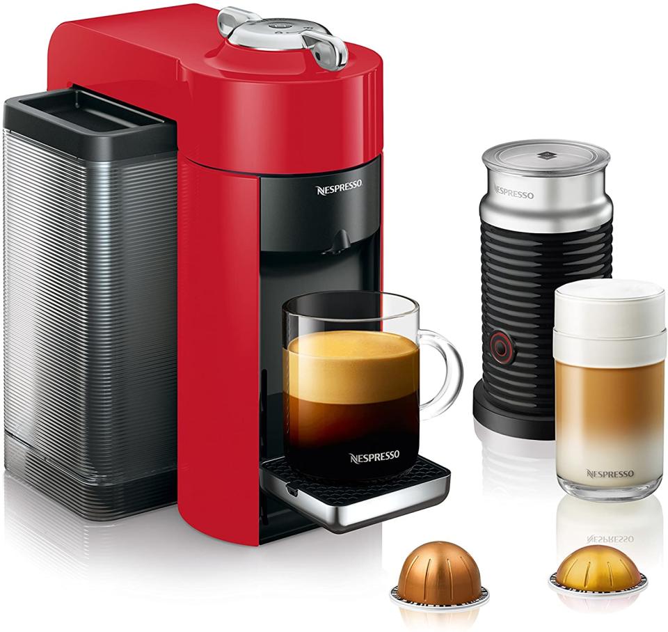 Nespresso Vertuo Machine by De'Longhi with Aeroccino Milk Frother in red. Image via Amazon.