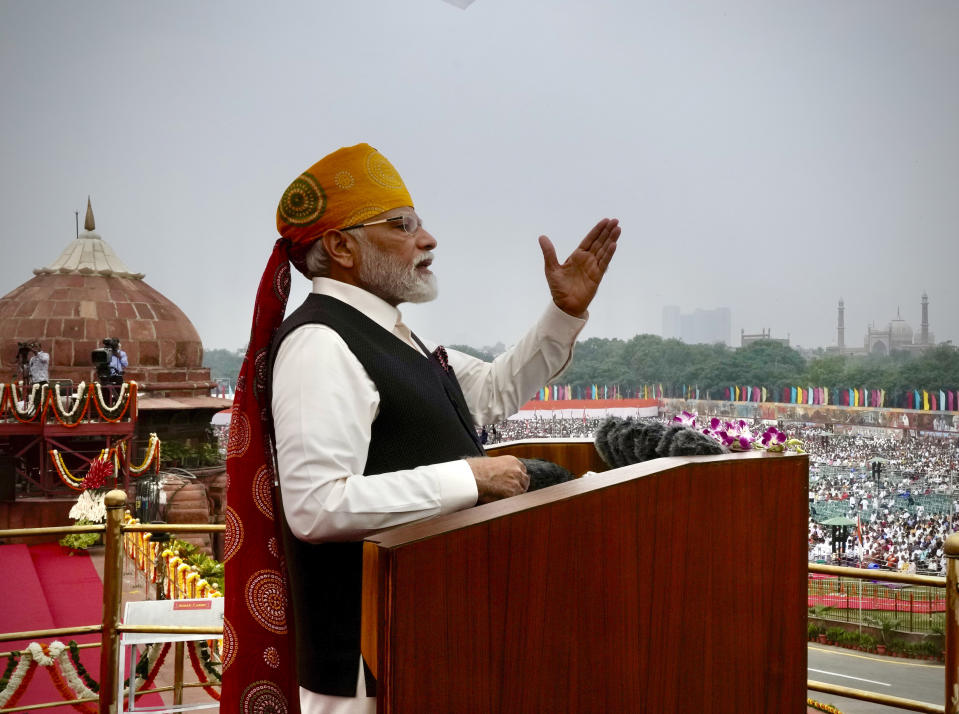 Indian Prime Minister Narendra Modi speaks from the ramparts of the Red Fort monument on Independence Day in New Delhi, India, Tuesday, Aug.15, 2023. (AP Photo/Manish Swarup)