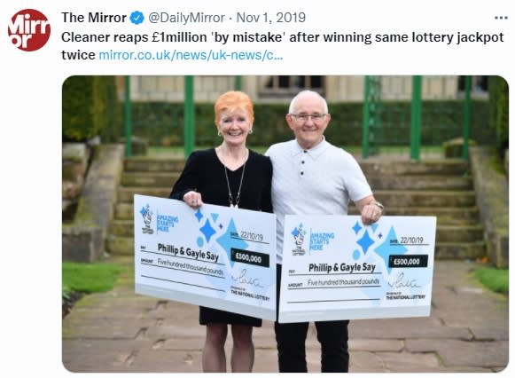 英國一名清潔工也曾在2019年用相同號碼幸運贏得2次大獎。（圖／翻攝自@DailyMirror推特）