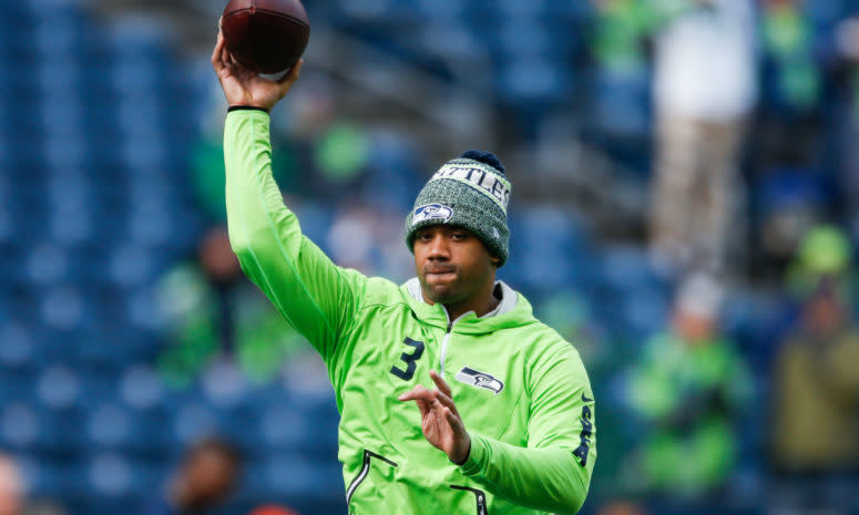 Seattle Seahawks QB Russell Wilson warming up before a game.