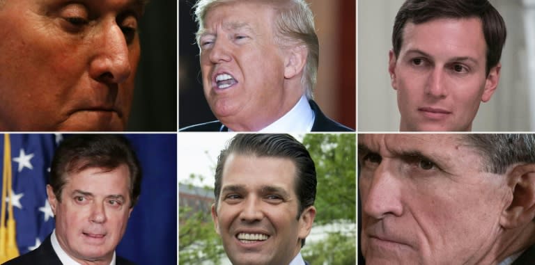 Varios de los personajes del entorno de Donald Trump vinculados a contactos sospechosos con Rusia: Riger Stone, Jared Kushner, Paul Manafort, Donald Trump Jr. y Michael Flynn. (AFP=