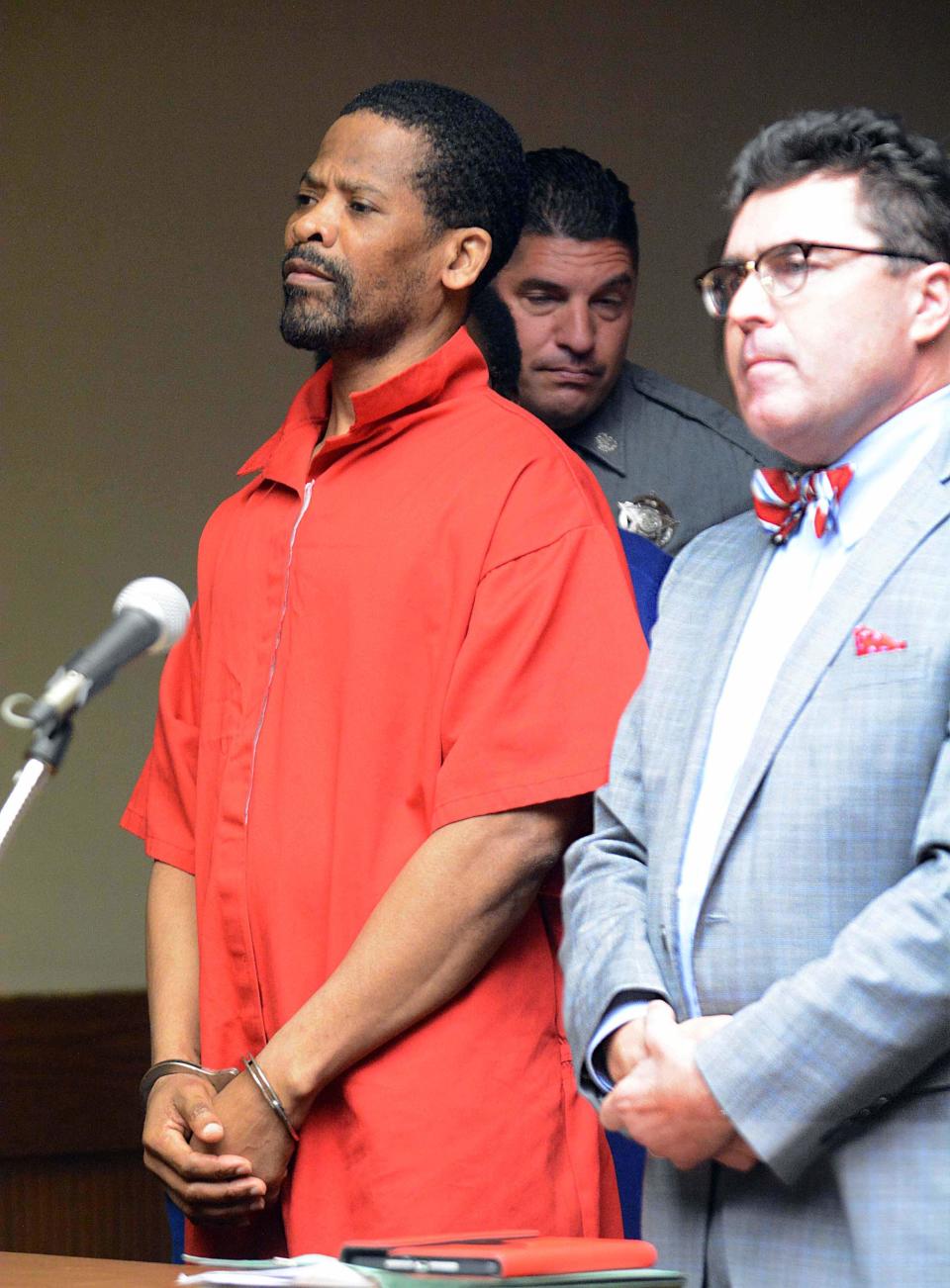 Jean Jacques with his attorney Sebastian DeSantis in 2019 during his arraignment on his re-trial for the murder of Casey Chadwick at New London Superior Court.