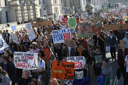 People take part in a "youth strike for climate change" demonstration in London, Britain February 15, 2019. REUTERS/Simon Dawson