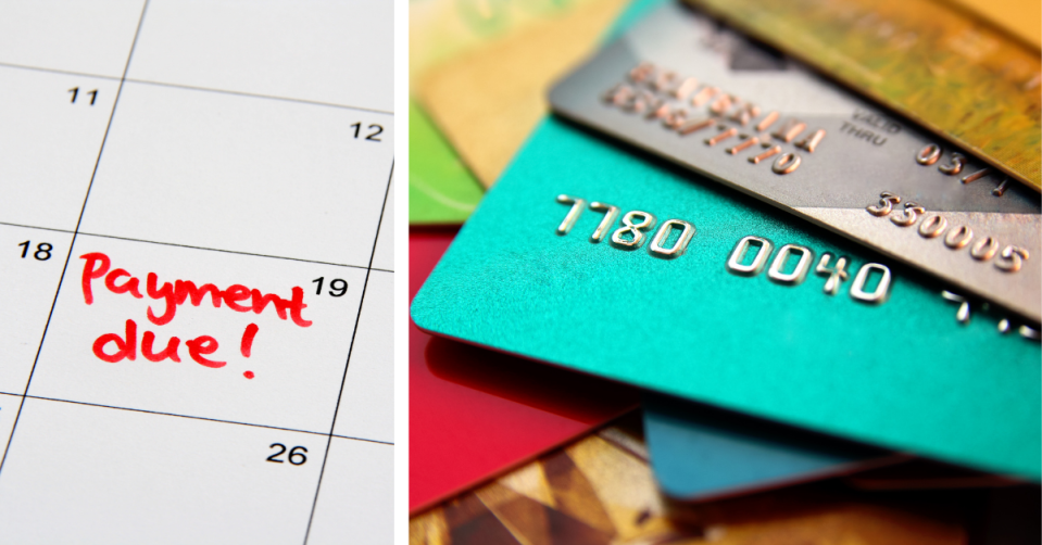 Calendar with reminder to make a payment and a stack of credit cards.