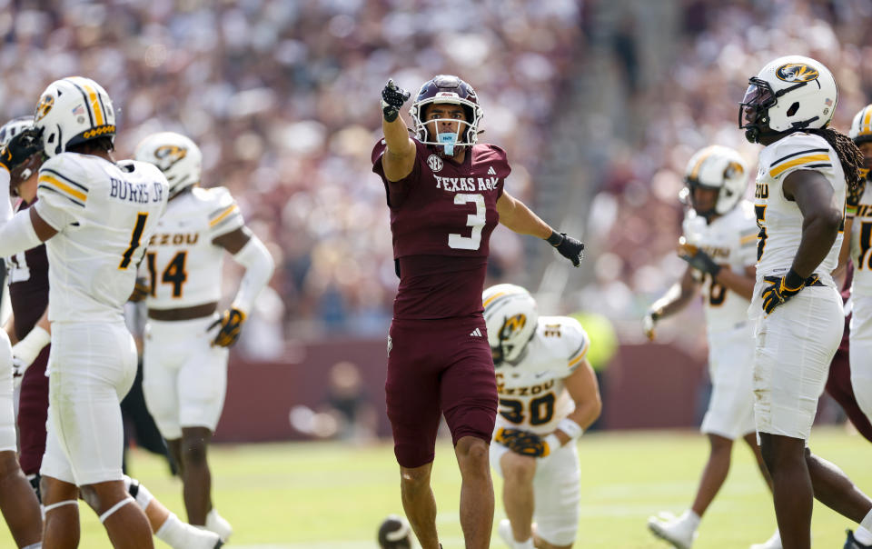 COLLEGE STATION, TEXAS - OCTOBER 05: Noah Thomas #3 of the Texas A&M Aggies signals after a first down in the first quarter against the Missouri Tigers at Kyle Field on October 05, 2024 in College Station, Texas. (Photo by Tim Warner/Getty Images)