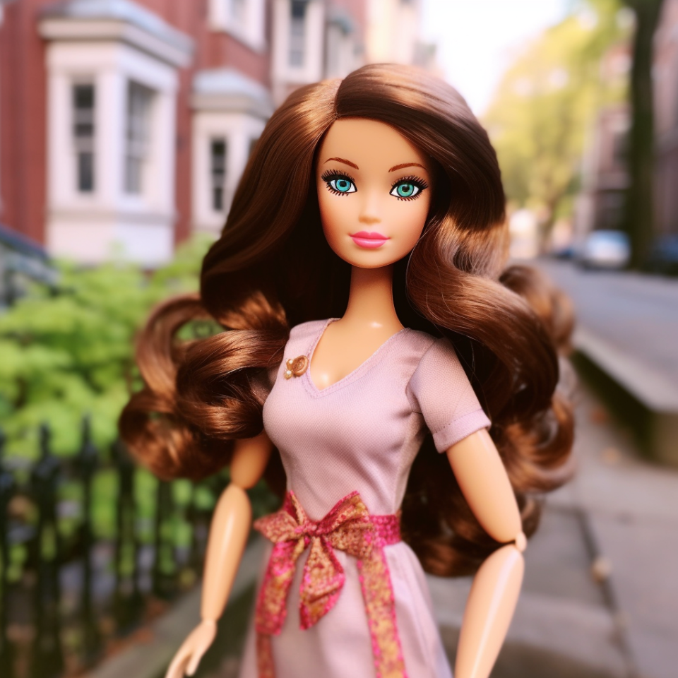 A Barbie standing in front of a quaint neighborhood wearing a dress with short sleeves with a bow around the waist