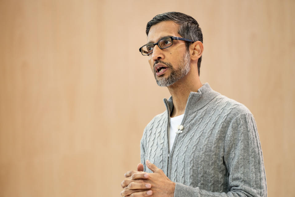 MOUNTAIN VIEW, CA - MAY 10, 2023: CEO Sundar Pichai speaks at the Google I/O Annual Developer Conference held at Shoreline Amphitheater on Wednesday, May 10, 2023 in Mountain View, California. I will speak at a conference.  (Melina Mara/The Washington Post via Getty Images)