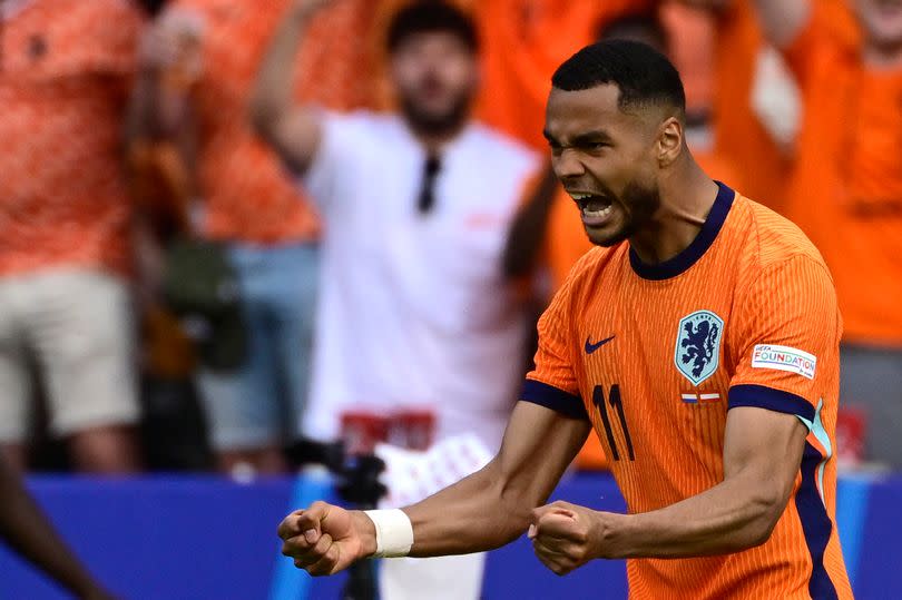 Cody Gakpo celebrates after scoring for the Netherlands against Austria at Euro 2024