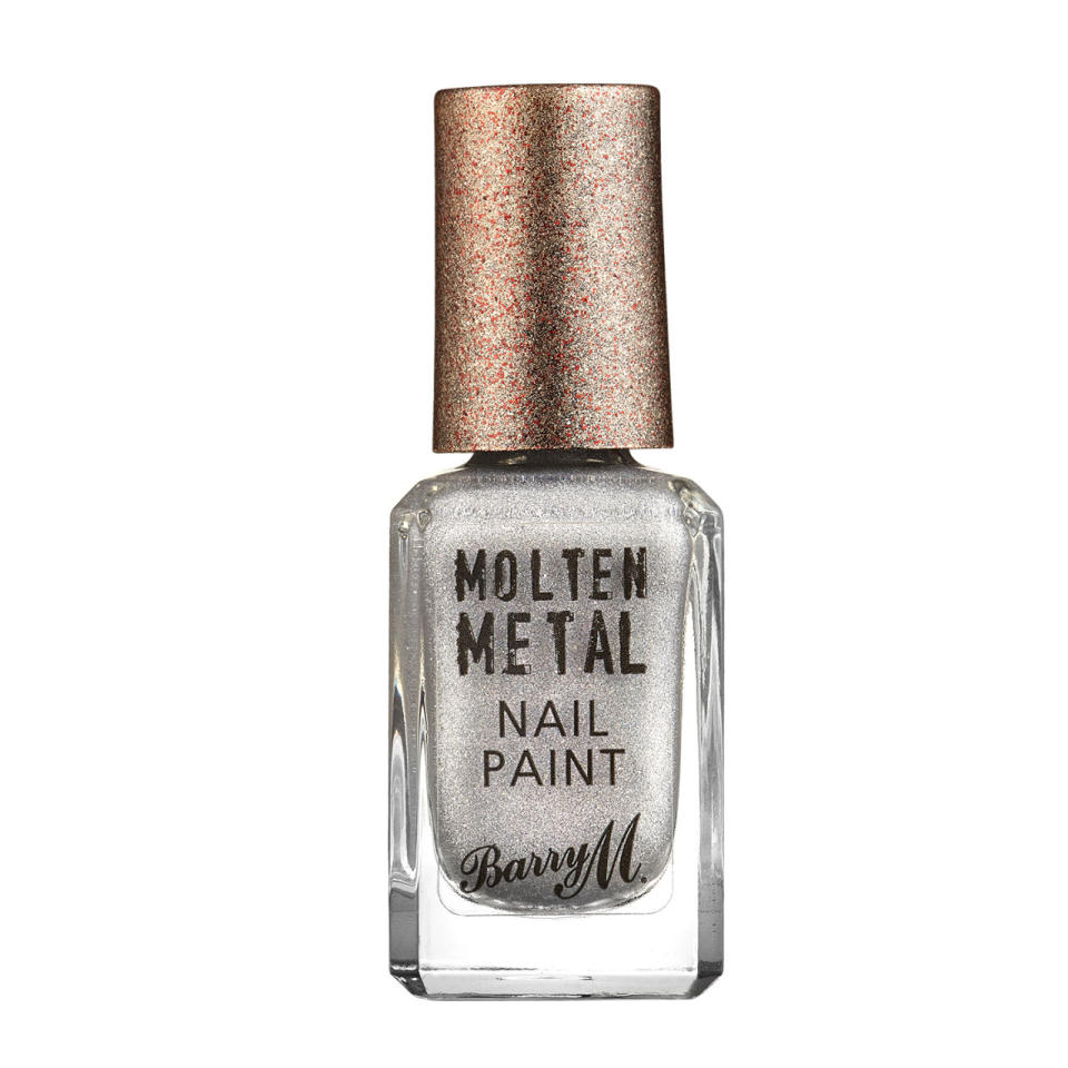 <p><strong>Get your hands on...</strong> <a rel="nofollow noopener" href="https://www.barrym.com/product/Molten-Metal" target="_blank" data-ylk="slk:Barry M Molten Metal Nail Paint in Holographic Lights, £3.99;elm:context_link;itc:0;sec:content-canvas" class="link ">Barry M Molten Metal Nail Paint in Holographic Lights, £3.99</a></p>