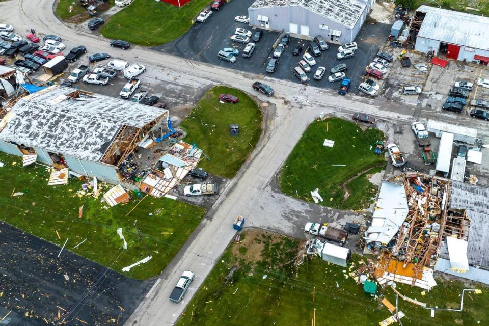 Multiple businesses and buildings in an industrial park off Park Central Avenue in Jessamine County were heavily damaged by high winds on Tuesday, April 2, 2024. The National Weather Service confirmed an EF-1 tornado touched down in the county. Ryan C. Hermens/rhermens@herald-leader.com