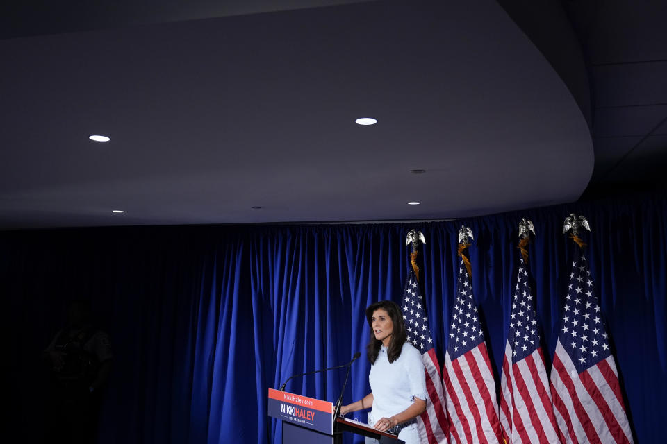 Republican presidential candidate, former ambassador to the United Nations Nikki Haley speaks about her abortion policy, Tuesday, April 25, 2023, in Arlington, Va. (AP Photo/Patrick Semansky)