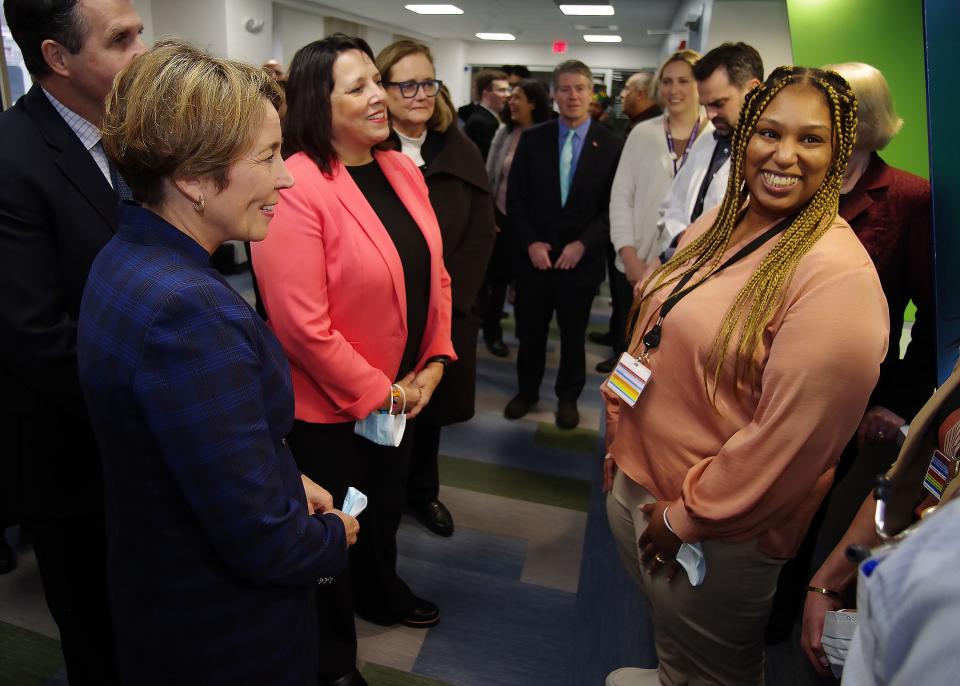 Mass. Governor Maura Healey, with Lt. Kim Driscoll to her left, chat with Patricia Neal (R), Director of Nursing, and other staff at the Brockton Neighborhood Health Center on Thursday, March 2, 2023. 