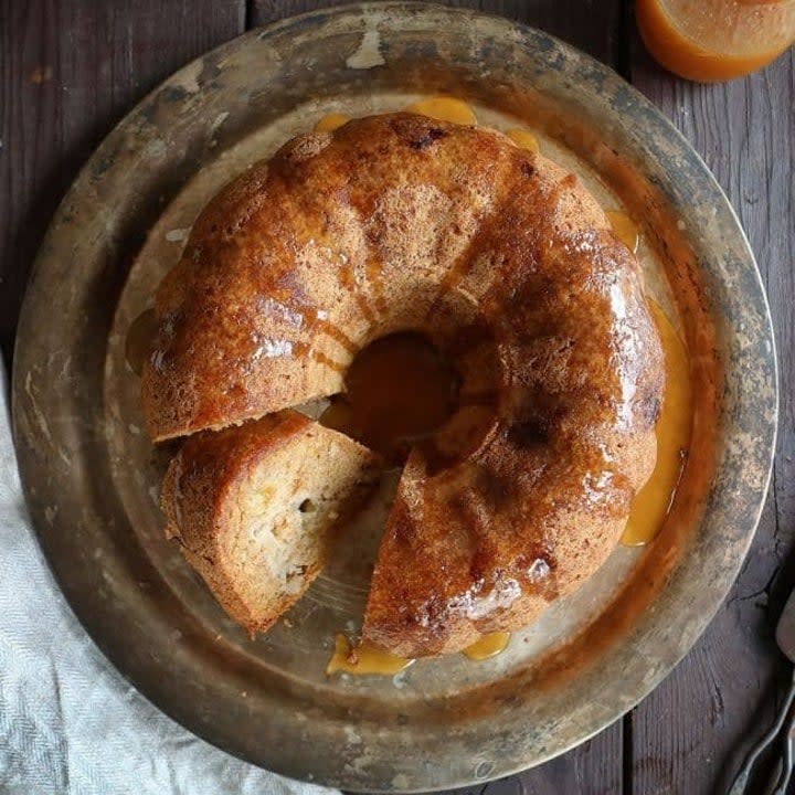 An overhead shot of an apple bundt cake.