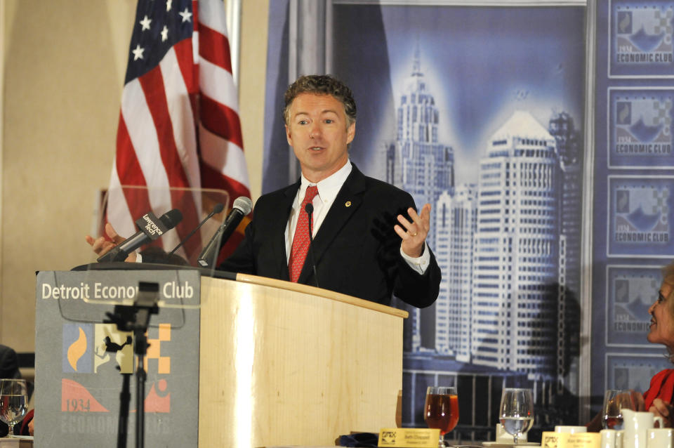 U.S. Sen. Rand Paul speaks at the Detroit Economic Club held at the Motor City Casino, in Detroit, Dec. 6, 2013. Paul, spoke of economic freedom zones. (AP Photo/The Detroit News, Max Ortiz)