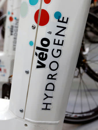 Detail of an Alpha bike, the first industrialised bicycle to use a hydrogen fuel cell, is displayed at the Pragma Industries factory in Biarritz, France, January 15, 2018. REUTERS/Regis Duvignau