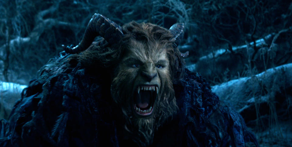 This image released by Disney shows Dan Stevens as The Beast in a live-action adaptation of the animated classic "Beauty and the Beast." (Disney via AP)