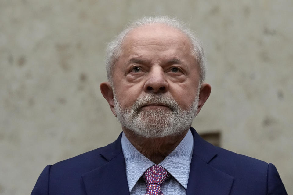 Brazil's President Luiz Inacio Lula da Silva attends the swearing-in ceremony for Supreme Court Justice Cristiano Zanin, in Brasilia, Brazil, Thursday, Aug. 3, 2023. Zanin, a former personal lawyer of Lula, took his seat on Thursday amid criticism that their relationship poses a conflict of interest. (AP Photo/Eraldo Peres)