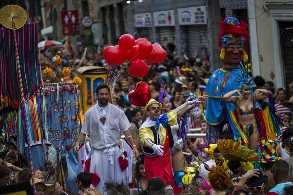 RIO DE JANEIRO, BRAZIL - FEBRUARY 22: Revellers participate in the Bloco Ceu na Terra street carnival celebration in the Santa Teresa neighborhood on February 22, 2020 in Rio de Janeiro, Brazil. (Photo by Bruna Prado/Getty Images)