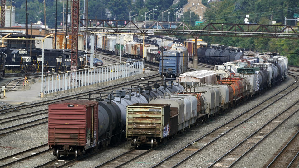 Freight cars wait to be hauled out of the Norfolk Southern Conway Terminal in Conway, Pa., Thursday, Sept. 15, 2022. (AP Photo/Gene J. Puskar)