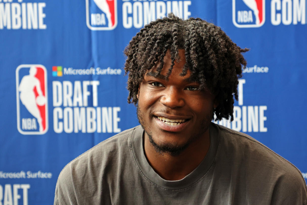 Jarace Walker speaks with the media during the NBA Draft Combine at the Wintrust Arena in Chicago on May 17, 2023. (Stacy Revere/Getty Images)