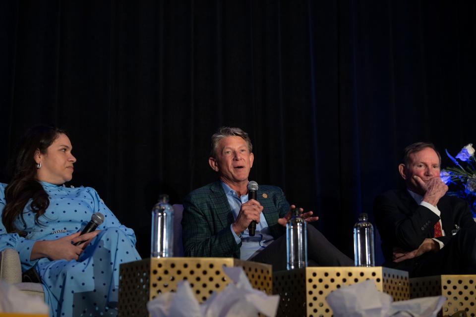 Gaby Pacheco, Randy Boyd, and Don Graham, discuss during the third annual Evening of Conversation, concerning education event by Equal Chance for Education at The Joseph Hotel in Nashville, Tenn., Thursday, April 4, 2024.