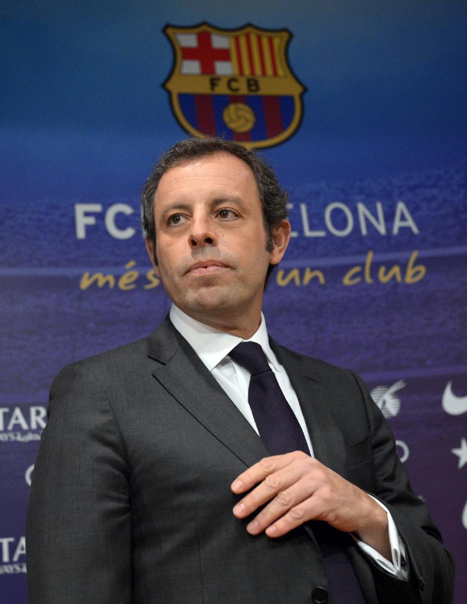 FC Barcelona's president Sandro Rosell, arrives for a press conference at the Camp Nou stadium in Barcelona, Spain, Thursday, Jan 23, 2014. Sandro Rosell is stepping down as president of Barcelona a day after a judge agreed to hear a lawsuit accusing him of allegedly hiding the cost of the transfer of Brazil striker Neymar.Rosell says he is resigning after an emergency meeting with Barcelona's board of directors on Thursday. Rosell says vice president Josep Bartomeu will take his place as president and finish the term that expires in 2016. Elected in 2010 to replace outgoing president Joan Laporta, Rosell said last April he planned to run for re-election in 2016. (AP Photo/Manu Fernandez)