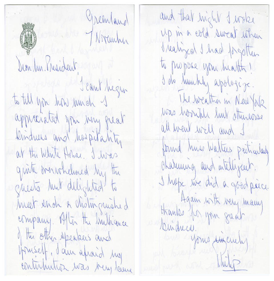 In this image provided by The Richard Nixon Library & Museum, shows two sides of a letter that Prince Philip wrote to President Richard Nixon. (The Richard Nixon Library & Museum via AP)