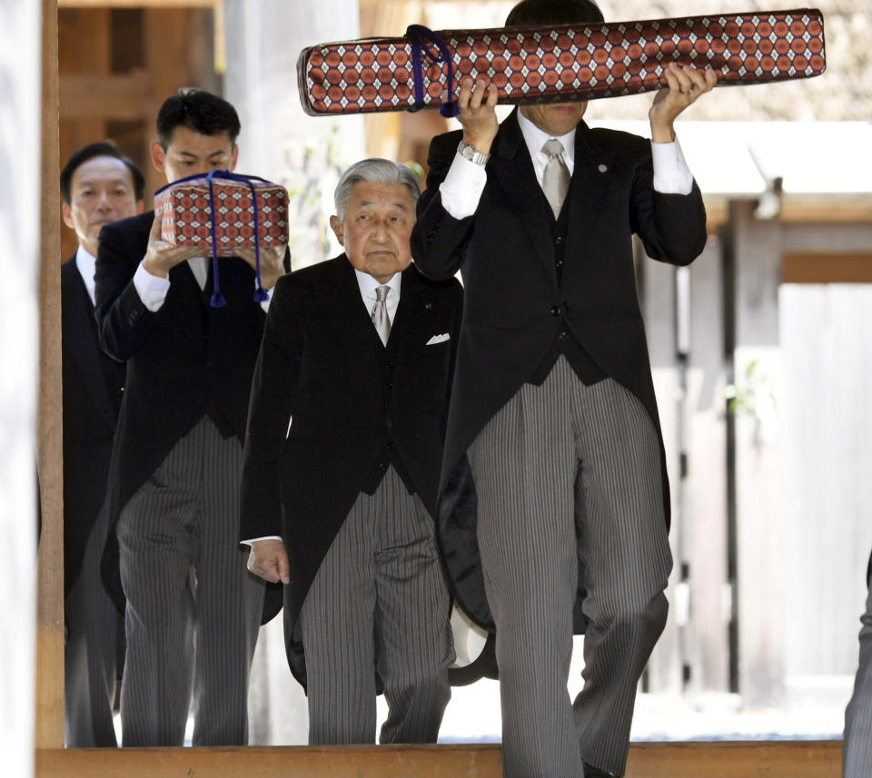 Japanese Emperor Akihito, second right, visits Ise Grand Shrine, or Ise Jingu, in Ise, central Japan Thursday, April 18, 2019. This is the last trip to a local region for emperor and empress before emperor's abdication.(Kazushi Kurihara/Kyodo News via AP)