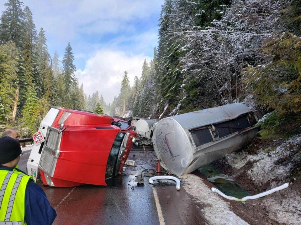 Highway 22 was closed near Detroit and Santiam Junction after a fuel tanker crashed on Feb. 16, 2020.
