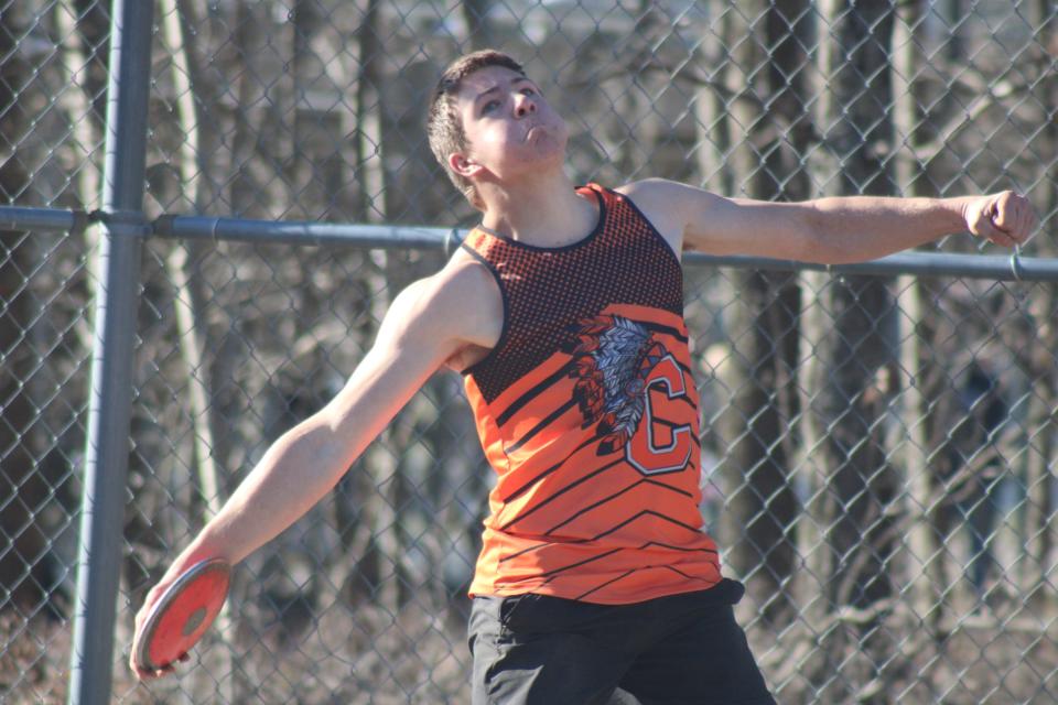 Cheboygan junior Lucas Sidlauskas throws the discus during the Inland Lakes Bulldog Invitational on Thursday. Sidlauskas' outstanding season continued with another first-place finish in his favorite event.