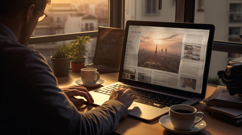 A journalist typing up a news article in their home office.