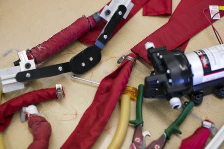 Supplies to build artificial muscle designs are seen in Prof. Marko Popovic's lab, where undergraduate seniors built a quadruped robot called "Hydro Dog" at Worcester Polytechnic Institute in Worcester, Massachusetts, March 20, 2015. REUTERS/Dominick Reuter