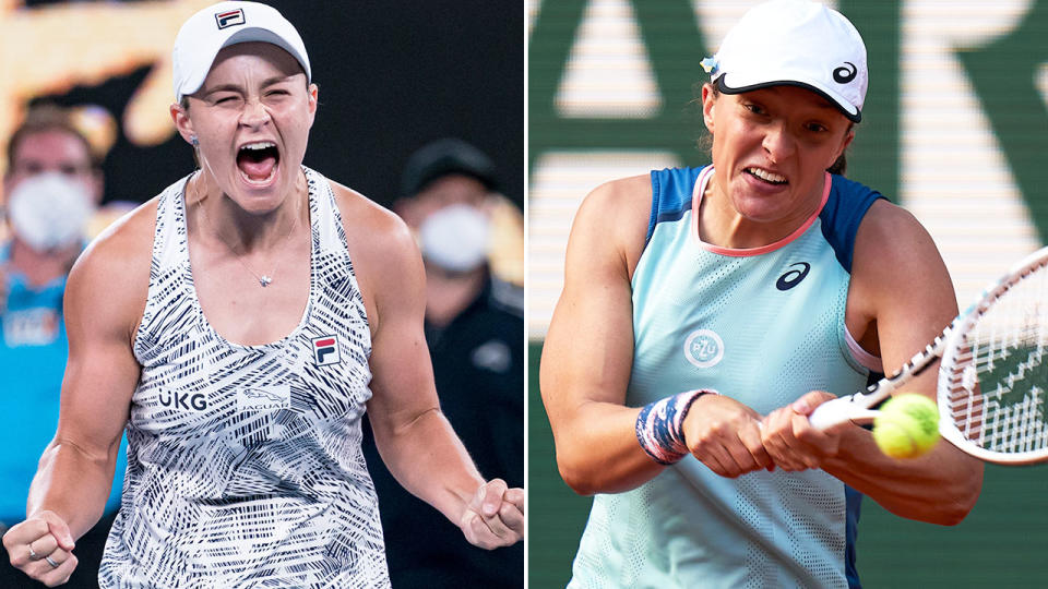 Pictured right to left is current and former women's World No.1 players Iga Swiatek and Ash Barty respectively.