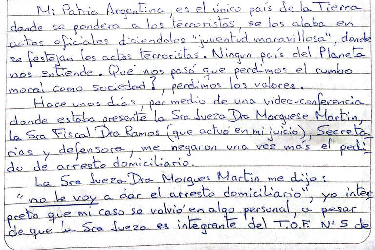 La carta abierta del exmilitar Julio Flores, desde el Complejo Penitenciario Federal III de General Güemes, de Salta