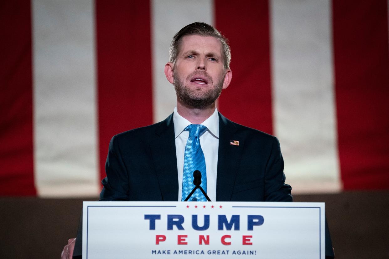 Eric Trump, son of U.S. President Donald Trump, pre-records his address to the Republican National Convention at the Mellon Auditorium on August 25, 2020 in Washington, DC. (Getty Images)