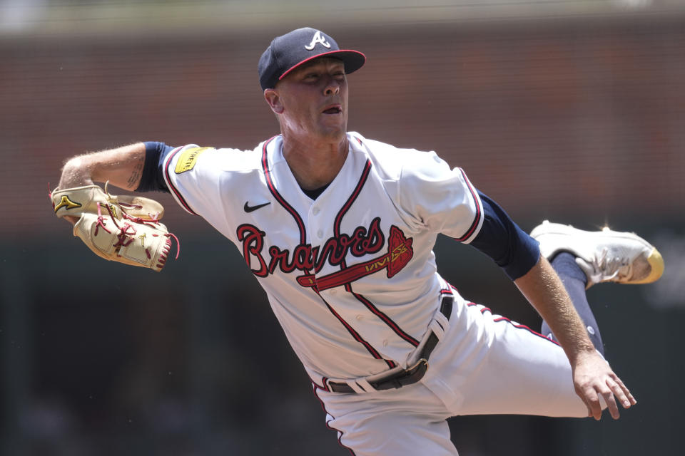 Atlanta Braves starting pitcher Kolby Allard (49) works in the first inning of a baseball game against the Chicago White Sox Sunday, July 16, 2023, in Atlanta. (AP Photo/John Bazemore)