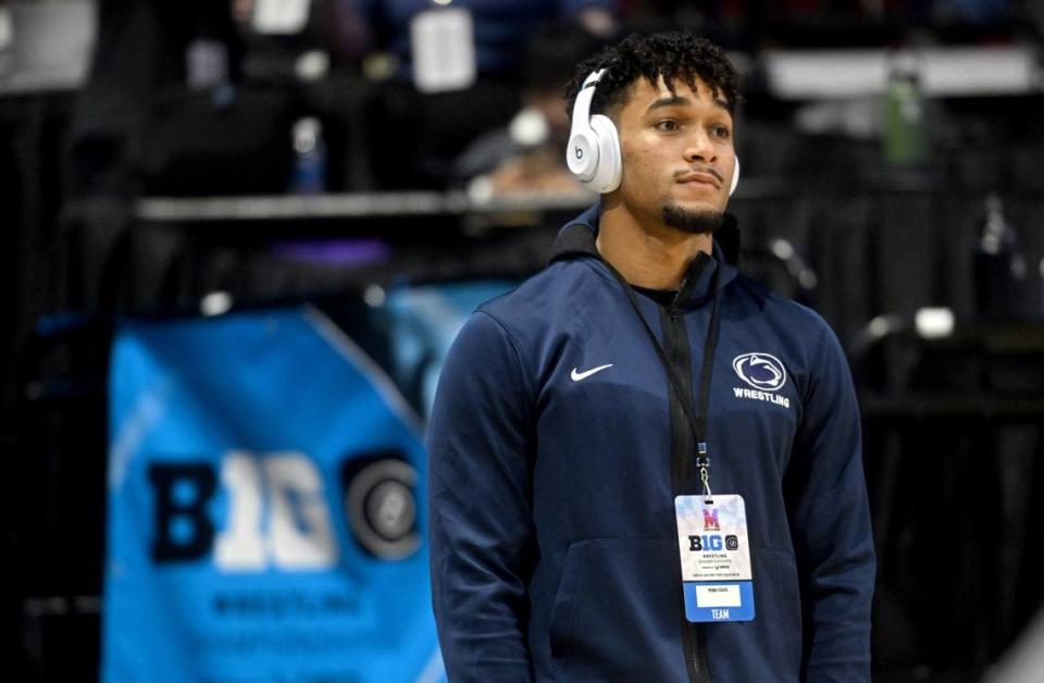 Penn State’s Carter Starocci watches the mats as he prepares to go out for his consolation bout that he injury-defaulted at the Big Ten Wresting Championships at the Xfinity Center at the University of Maryland on Saturday, March 9, 2024.