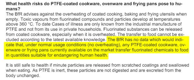 <span>Capture d'écran, réalisée le 12 avril 2024, d'une fiche d'information sur les ustensiles de cuisine, dont les poêles, aux revêtements en PTFE publiée par l'Institut fédéral allemand d'évaluation des risques (BfR) en 2018</span>