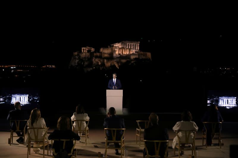 The ancient Acropolis hill is illuminated with new revamped, detailed lighting system, in Athens