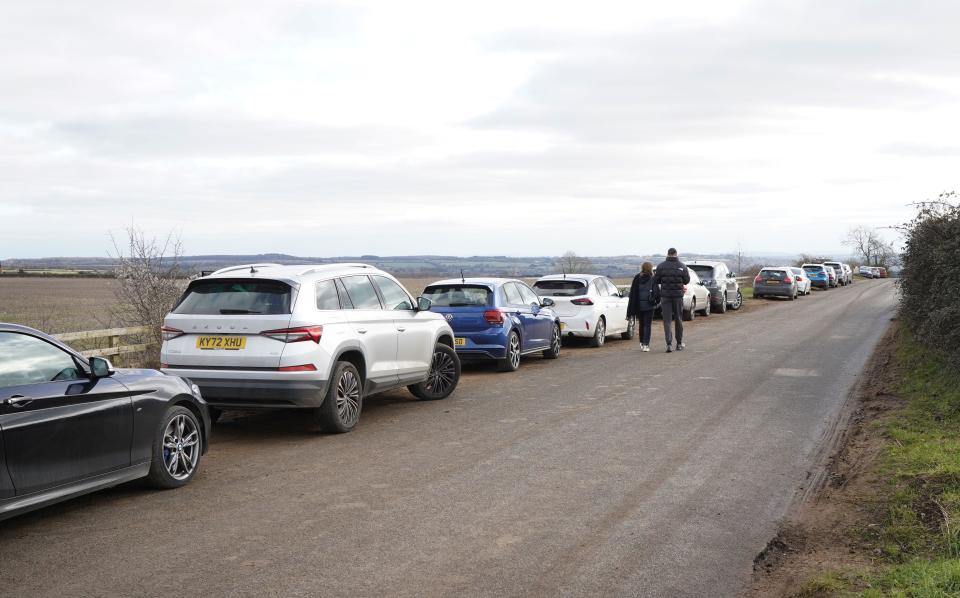 Cars parked on the grass verge at Jeremy Clarkson's Diddly Squat Farm Shop near Chadlington in Oxfordshire during the opening weekend of the shop following its winter closure. Picture date: Saturday February 11, 2023.