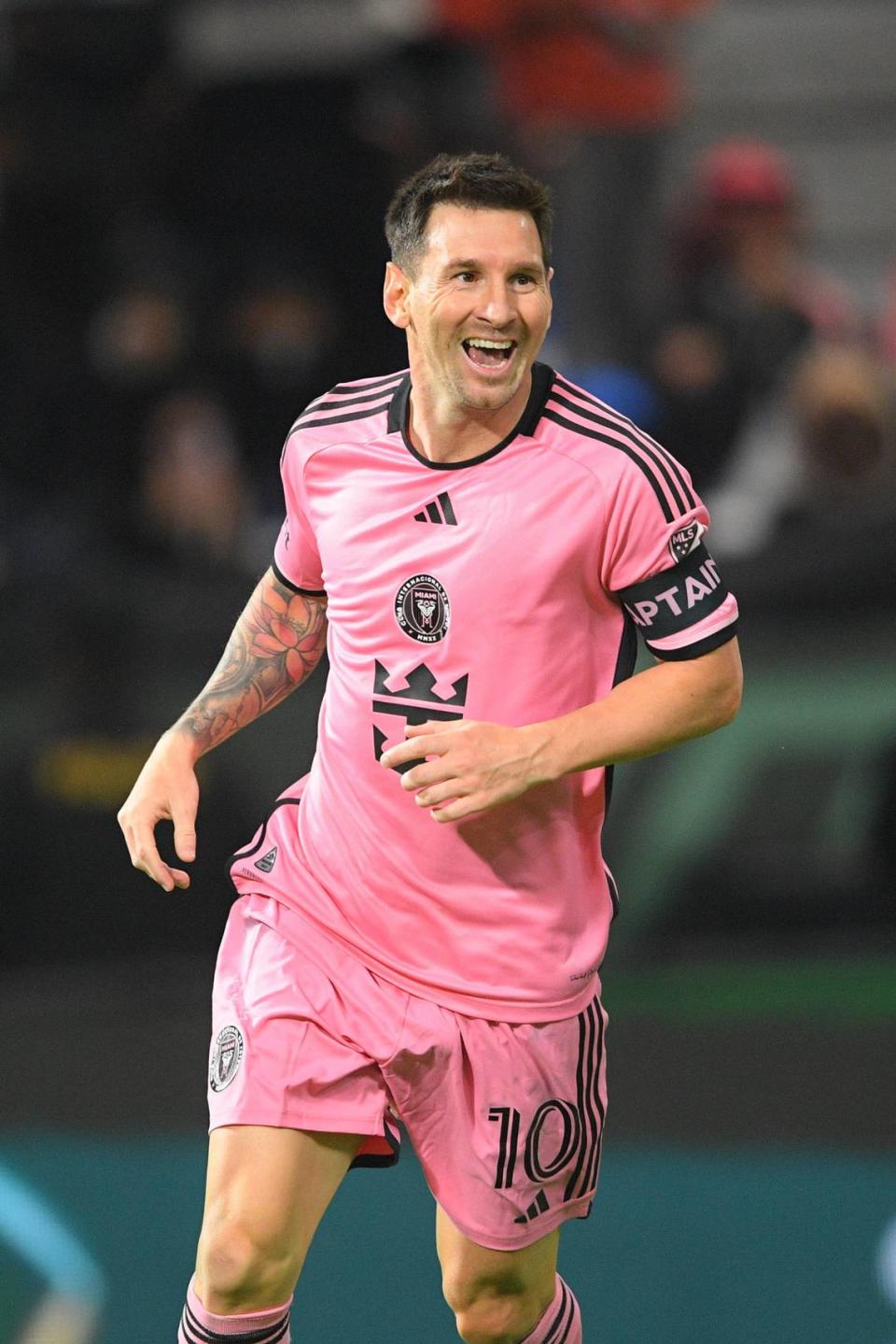 Jan 29, 2024; Riyadh, Saudi Arabia; Inter Miami forward Lionel Messi (10) celebrates goal by forward Luis Suarez (not pictured) in the first half against the Al-Hilal SFC at Kingdom Arena. Mandatory Credit: Victor Fraile Rodriguez Rodriguez-USA TODAY Sports