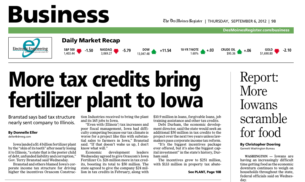 Authorities approved numerous incentive packages in September 2012 as Egypt's Orascom announced it would build a fertilizer plant in southeast Iowa.