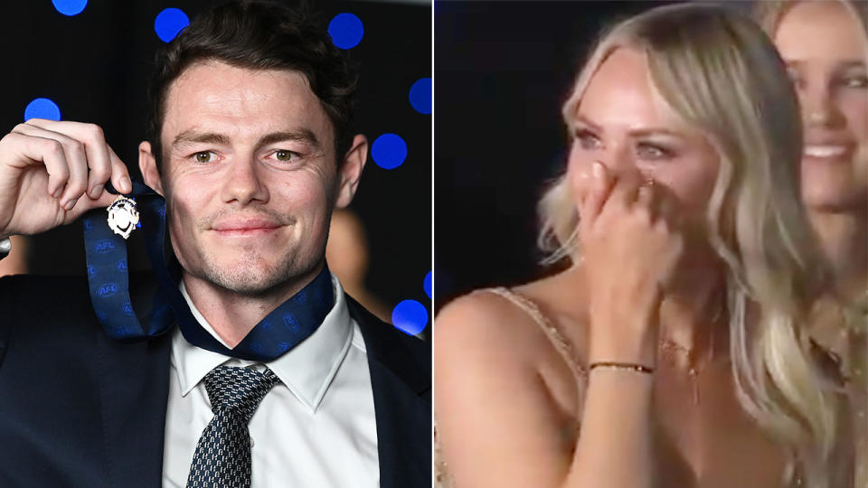 Pictured here, 2020 Brownlow Medallist Lachie Neale and his teary wife Julie.