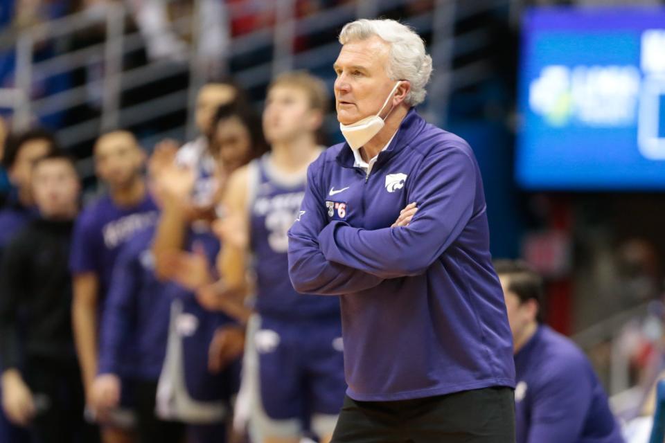 Kansas State coach Bruce Weber watches his team during the second half of Tuesday's Sunflower Showdown game against Kansas inside Allen Fieldhouse.